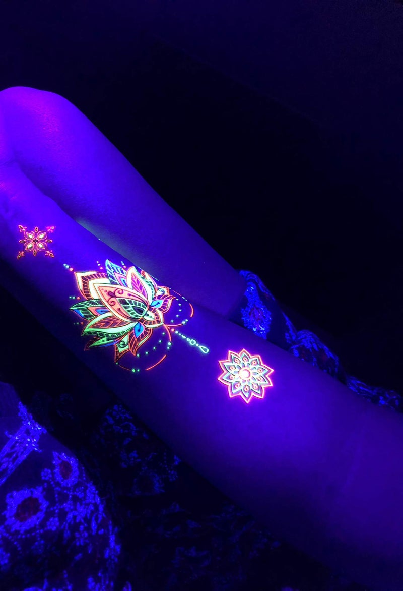 d'IRIS studio Temporary Tattoos for Glow Party UV Blacklight â€“ 1 Sheet Lotus Floral Body Paint Art Light Festival Accessories Glow in the Dark Makeup | 7.2â€ x 5.2â€ Temp Great for EDM EDC Party Rave Parties - Image 2